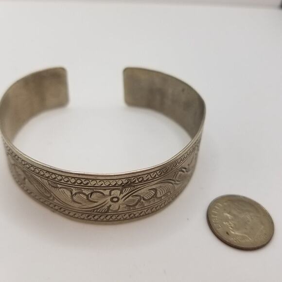 Vintage Silver Embossed Cuff Bracelet, 6 3/8 Length, 3/4 Width, Non-Magnetic - Picture 4 of 5